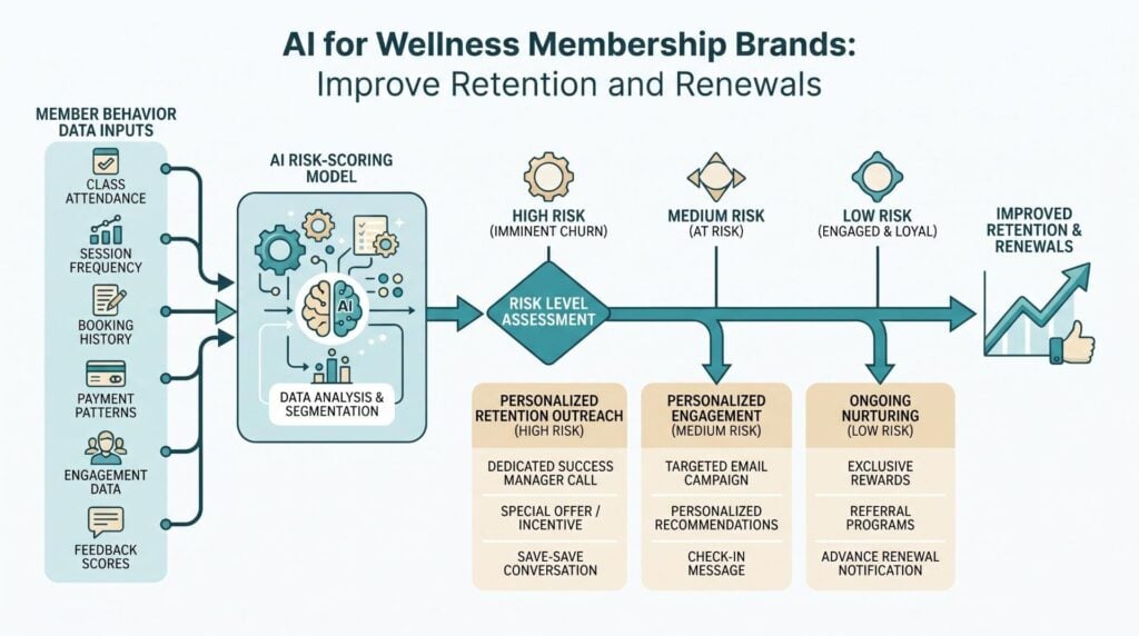 A flow diagram showing member behavior data feeding into an AI risk-scoring model, which routes members into personalized outreach sequences based on their risk level