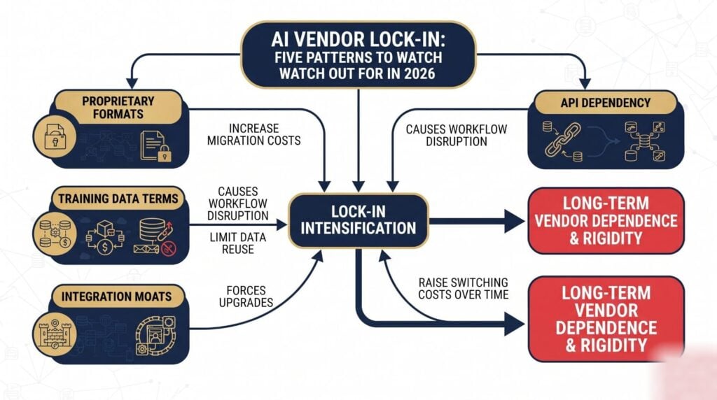 A flowchart showing how five AI vendor lock-in patterns connect: proprietary formats increase migration costs, API dependency causes workflow disruption, training data terms limit data reuse, bundled pricing forces upgrades, and integration moats raise switching costs over time