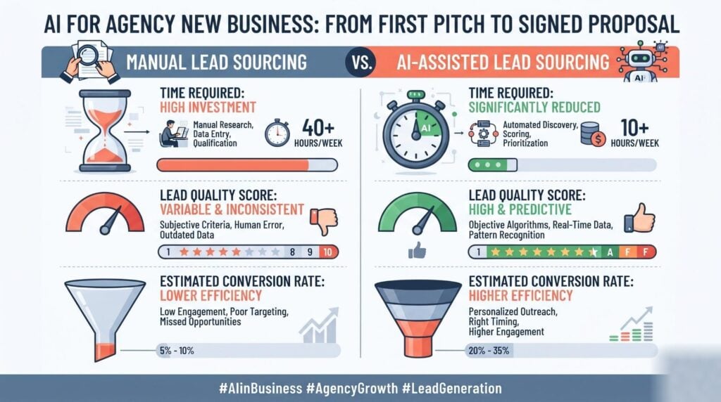 Side-by-side comparison of manual vs. AI-assisted lead sourcing, showing time required, lead quality score, and estimated conversion rate