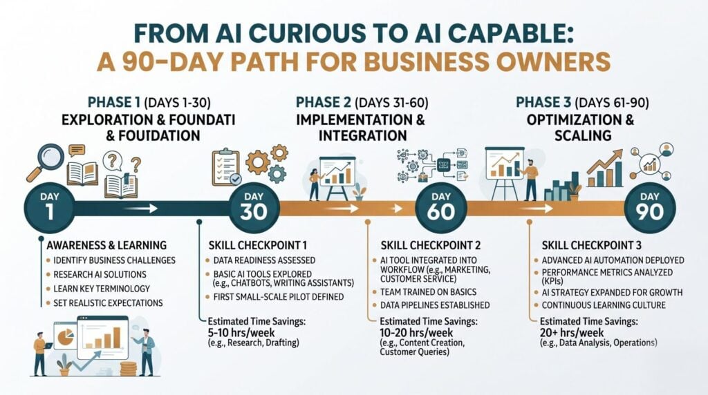 Three-phase 90-day AI journey timeline showing milestones at days 1, 30, 60, and 90 with skill checkpoints and sample time savings per phase