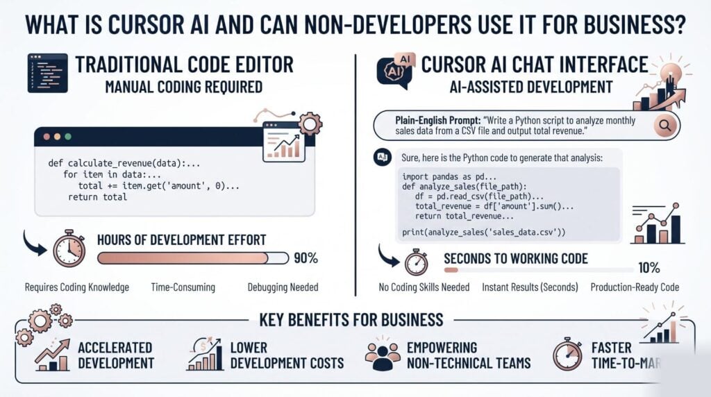 Side-by-side comparison of a traditional code editor versus Cursor AI's chat interface, showing how a plain-English prompt generates working Python code in seconds