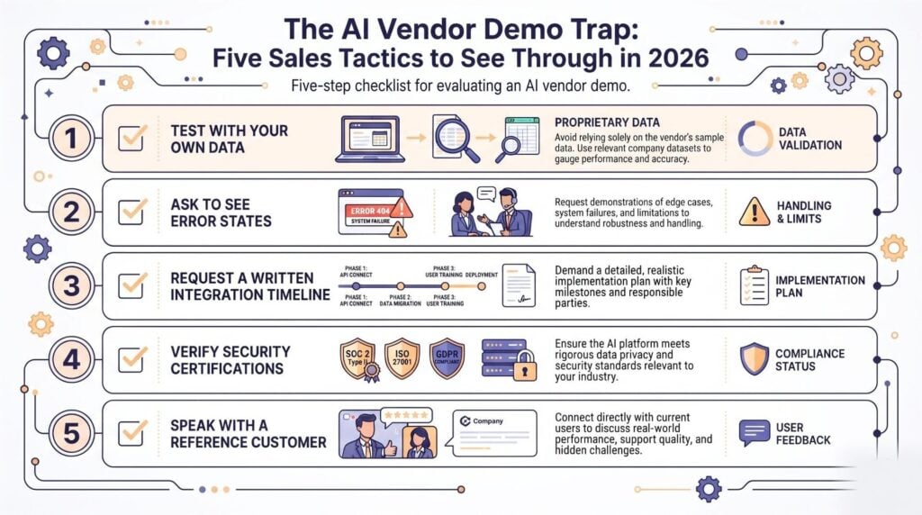 Five-step checklist for evaluating an AI vendor demo: test with your own data, ask to see error states, request a written integration timeline, verify security certifications, speak with a reference customer
