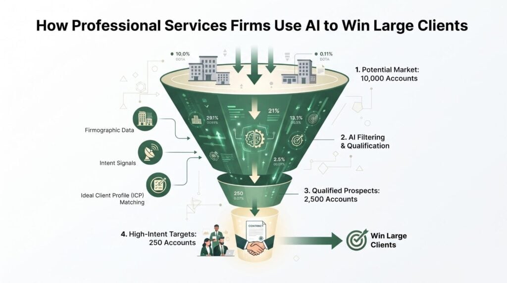 A funnel showing how AI filters 10,000 potential accounts down to 250 high-intent targets using firmographic data, intent signals, and ideal client profile matching.