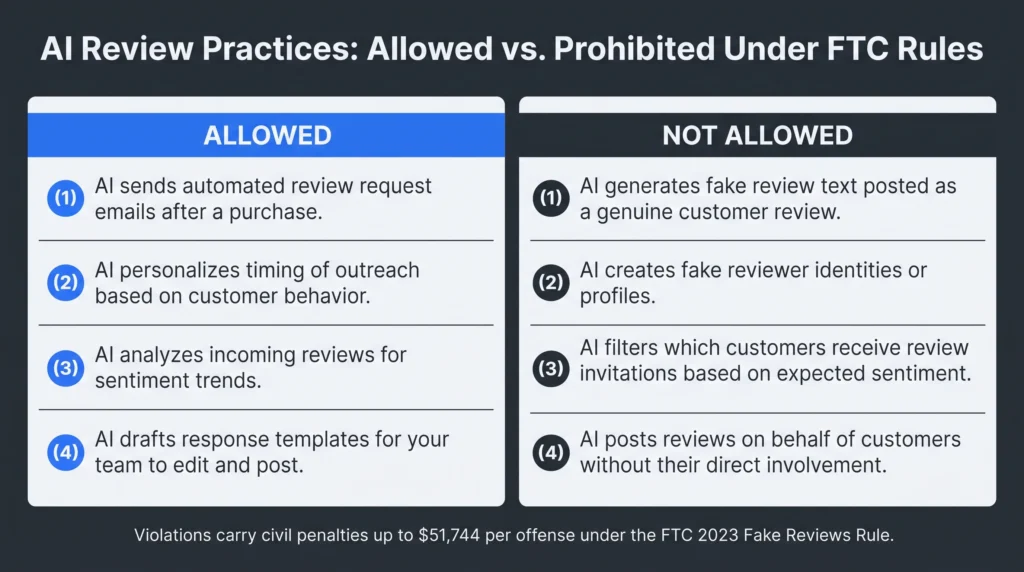A two-column comparison chart titled "AI Review Practices: Allowed vs. Prohibited Under FTC Rules." Left column header "ALLOWED" lists: (1) AI sends automated review request emails after a purchase. (2) AI personalizes timing of outreach based on customer behavior. (3) AI analyzes incoming reviews for sentiment trends. (4) AI drafts response templates for your team to edit and post. Right column header "NOT ALLOWED" lists: (1) AI makes fake review text posted as a genuine customer review. (2) AI creates fake reviewer identities or profiles. (3) AI filters which customers receive review invitations based on expected sentiment. (4) AI posts reviews on behalf of customers without their direct involvement. Footer note: "Violations carry civil penalties up to $51,744 per offense under the FTC 2023 Fake Reviews Rule."