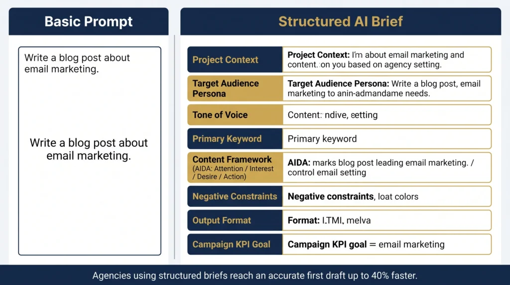 A side-by-side comparison infographic titled "Basic Prompt vs. Structured AI Brief." The left column shows a single generic instruction: "Write a blog post about email marketing." The right column shows a completed briefing template with clearly labeled, color-coded fields: Project Context, Target Audience Persona, Tone of Voice, Primary Keyword, Content Framework (AIDA: Attention / Interest / Desire / Action), Negative Constraints, Output Format, and Campaign KPI Goal. A footer note reads: "Agencies using structured briefs reach an accurate first draft up to 40% faster."