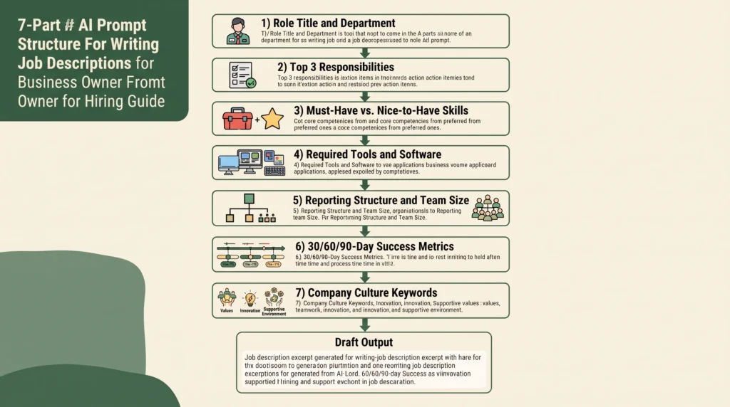Step-by-step visual guide showing a 7-part AI prompt structure for writing job descriptions. Each step is displayed as a numbered block in a vertical flow: 1) Role Title and Department, 2) Top 3 Responsibilities, 3) Must-Have vs. Nice-to-Have Skills, 4) Required Tools and Software, 5) Reporting Structure and Team Size, 6) 30/60/90-Day Success Metrics, 7) Company Culture Keywords. Downward arrows connect each block. A 'Draft Output' box at the bottom shows a short sample job description excerpt made from the inputs above.