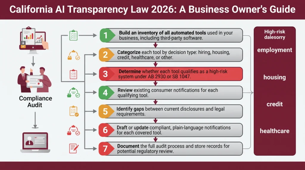 A vertical five-step compliance flowchart titled "Is Your Business Subject to California's AI Transparency Law?" rendered in a clean blue and white color scheme with numbered circular icons in navy blue and connector arrows between each step. Step 1 asks whether the business uses automated decision-making tools in hiring, lending, pricing, or customer service, with a Yes/No branch directing non-covered businesses to a gray exit box labeled "No Action Required." Steps 2 through 5 guide covered businesses through: identifying which automated systems trigger disclosure obligations, drafting a plain-language AI use notice, publishing the notice on the company website and point-of-decision touchpoints, and documenting compliance records with a suggested annual review date. Each step includes a short two-line description and a small icon, set against a light gray card background.
