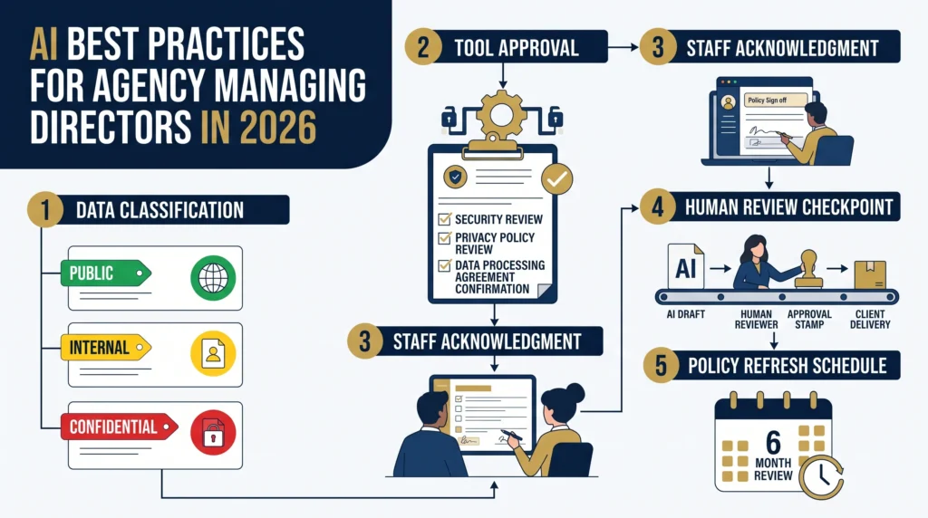 A five-stage vertical flowchart showing an agency AI governance framework. Stage 1 is Data Classification, with three labeled tiers: Public, Internal, and Confidential shown with color-coded tags. Stage 2 is Tool Approval, showing a checklist with boxes for safety review, privacy policy review, and data processing agreement confirmation. Stage 3 is Staff Acknowledgment, showing a team member completing a digital policy sign-off form. Stage 4 is Human Review Checkpoint, showing a linear path from AI draft to human reviewer to client delivery with a required approval stamp at the review stage. Stage 5 is Policy Refresh Schedule, showing a calendar icon with a recurring six-month review date marked. Clean layout with bold section labels and a monochrome color scheme.