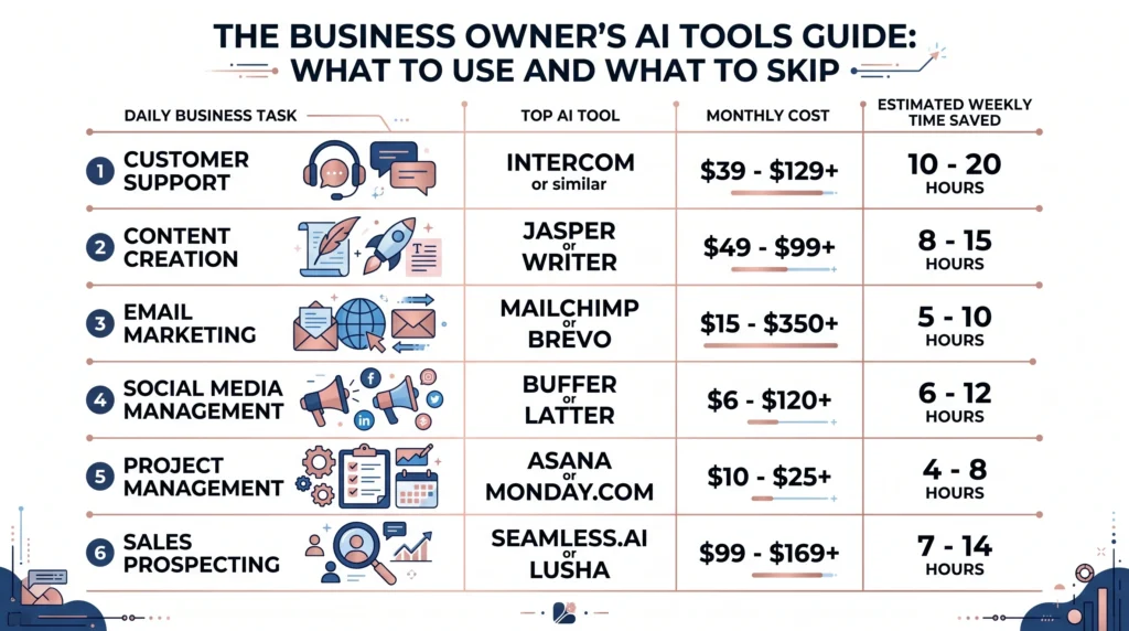 A grid showing 6 common daily business tasks alongside the top AI tool for each, with monthly cost and estimated weekly time saved