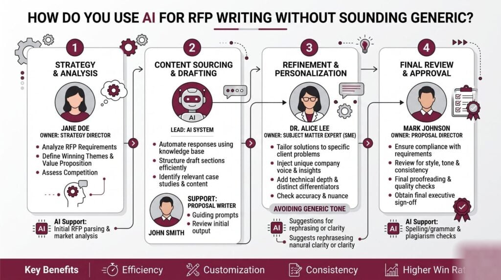 four-stage RFP response flow showing which stage AI leads and which stage a named person owns