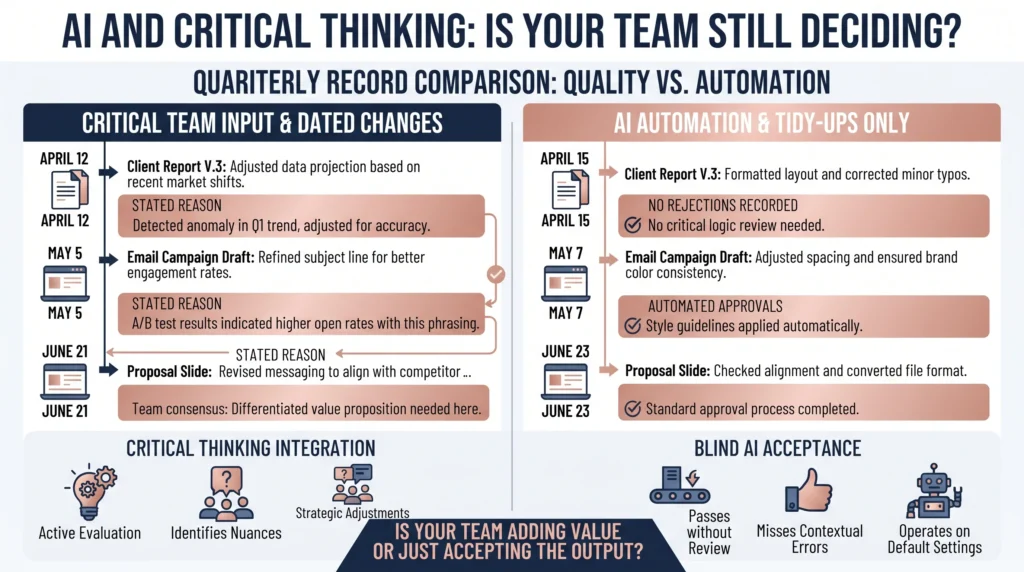 A side-by-side view of two quarterly records, one showing dated changes with stated reasons on client-facing work, the other showing only tidy-ups and no rejections at all.