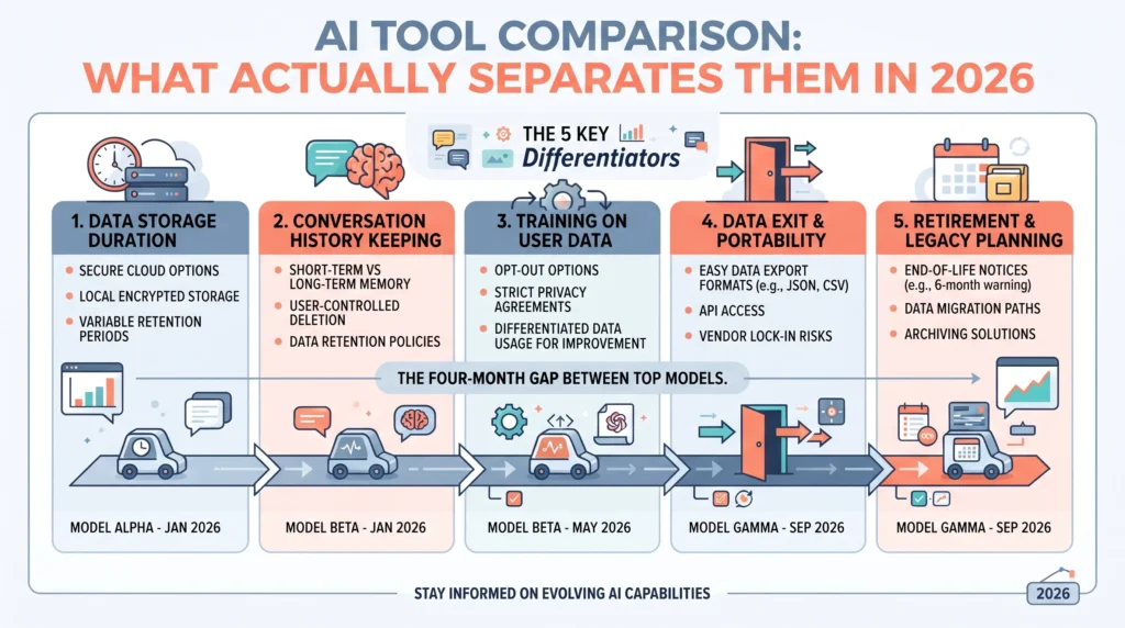 The five things that differ between AI tools in 2026 (storage, time kept, training use, exit, retirement notice) set against the four-month gap between top models
