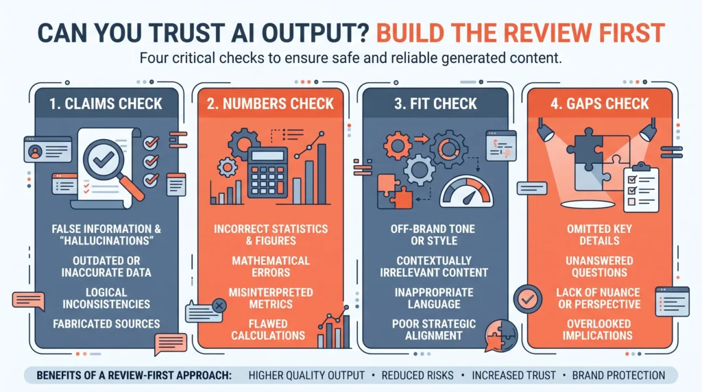 The four checks that make AI output safe to use, showing claims, numbers, fit and gaps against the type of error each one catches