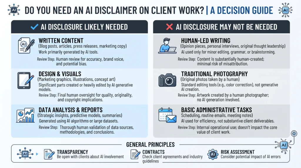 Two-column decision guide showing which pieces of client work need an AI disclosure line and which do not, with the review step required behind each one