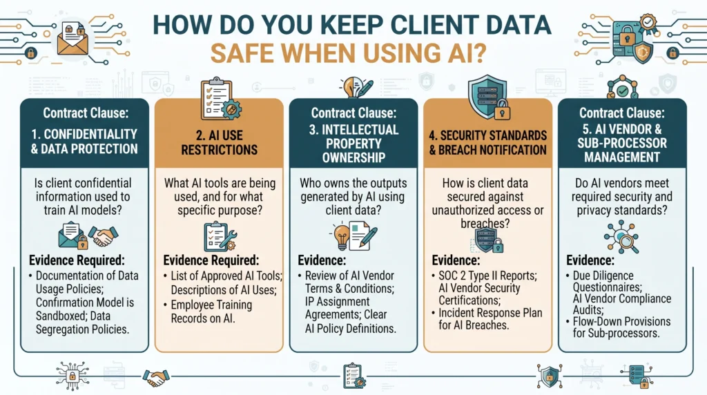 The five client contract clauses AI use touches, each mapped to the question it answers and the evidence a client asks for