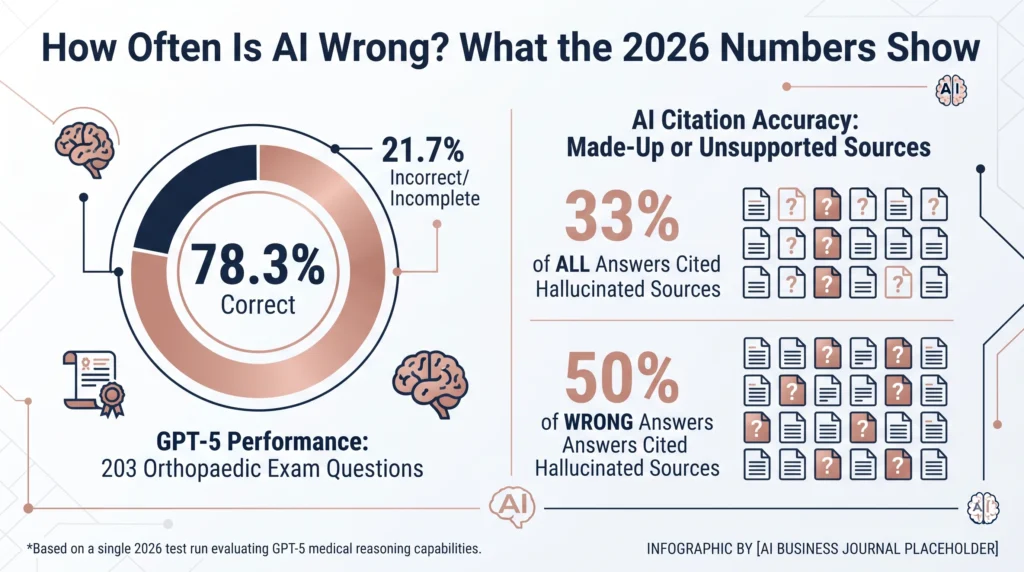 One test run, two error rates: GPT-5 scoring 78.3% on 203 orthopaedic exam questions while 33% of its answers cited made-up or unsupported sources, rising to 50% on the answers it got wrong