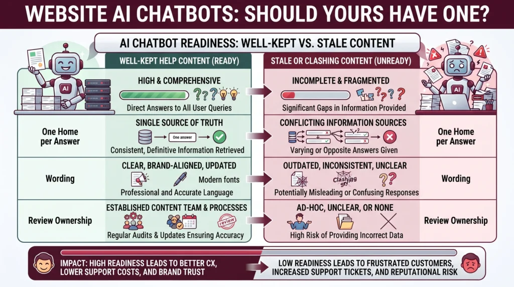 A readiness comparison showing what a chatbot returns from well-kept help content versus stale or clashing help content, across coverage, one home per answer, wording and review ownership.