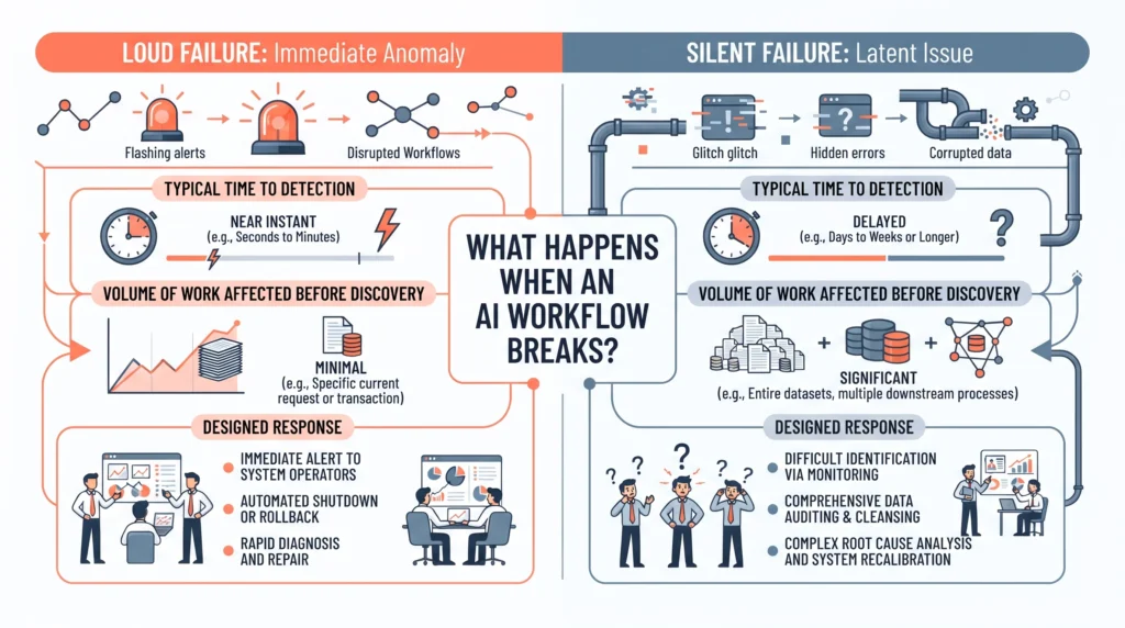 A two-column comparison of loud AI workflow failure against silent failure, showing typical time to detection, volume of work affected before discovery, and the designed response for each.