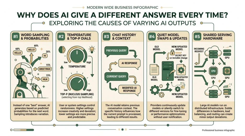 The five causes of varying AI output: word sampling, the temperature and top-p dials, chat history, quiet model swaps, and shared serving hardware