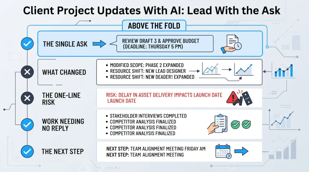 A client update rebuilt from the top down, with the single ask and its deadline above the fold, then what changed, the one-line risk, the work needing no reply, and the next step underneath