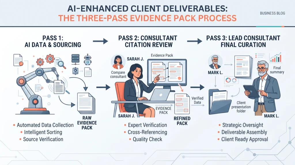 The three-pass evidence pack, showing AI gathering and sorting sources, a named consultant checking every citation against the original, and the lead consultant choosing what reaches the client