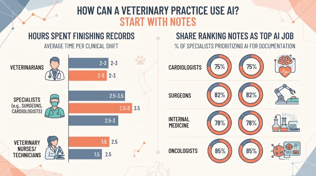 Hours per shift spent finishing records, set against the share of veterinary specialists ranking notes as the top job for AI