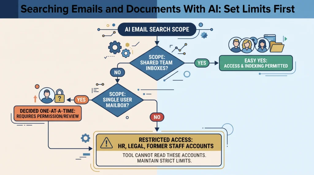 A scope list for an AI email search, showing shared team inboxes as the easy yes, single mailboxes decided one at a time, and HR, legal and former-staff accounts held where the tool cannot read them