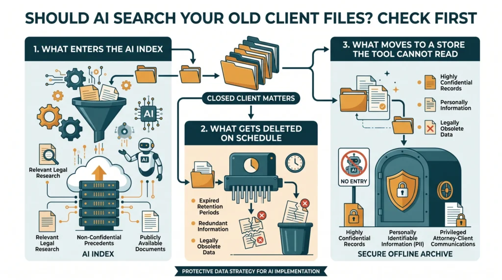 The three-way sort of closed client matters before indexing: what enters the AI index, what gets deleted on schedule, and what moves to a store the tool cannot read