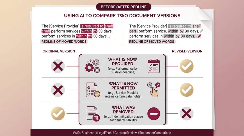The same clause change shown twice, first as a redline of moved words and then as three effects: what is now required, what is now permitted, what was removed