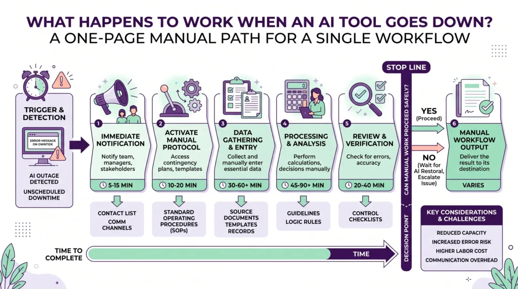 A one-page manual path for a single workflow, showing trigger, steps, inputs, time to complete and the stop line