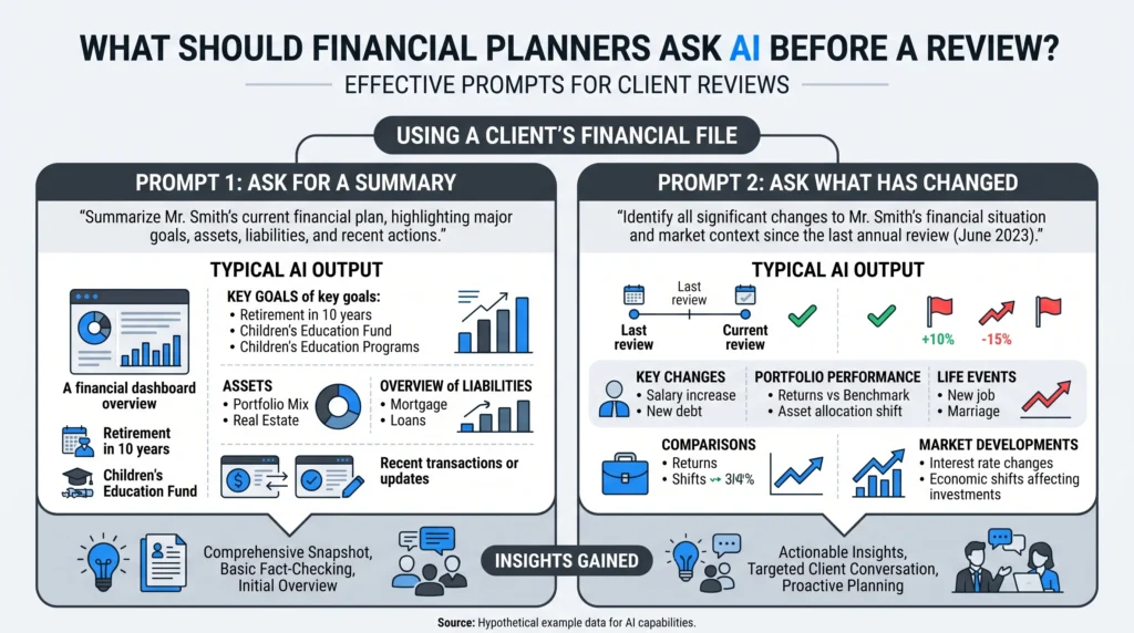 Two prompts side by side for the same client file, one asking for a plan summary and one asking what has changed since the last review, with the kinds of material each returns